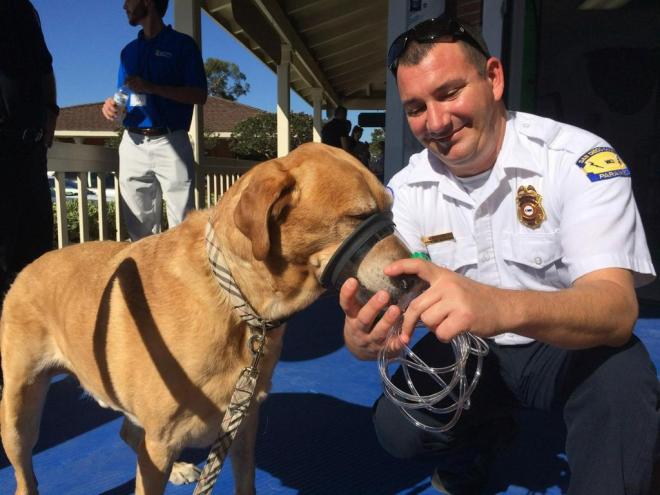 Operations Manager of American Medical Response San Diego Mike Rice celebrates Project Breathe oxygen mask donations with a demonstration at the Invisible Fence Brand Grand Opening in Encinitas, Ca. 